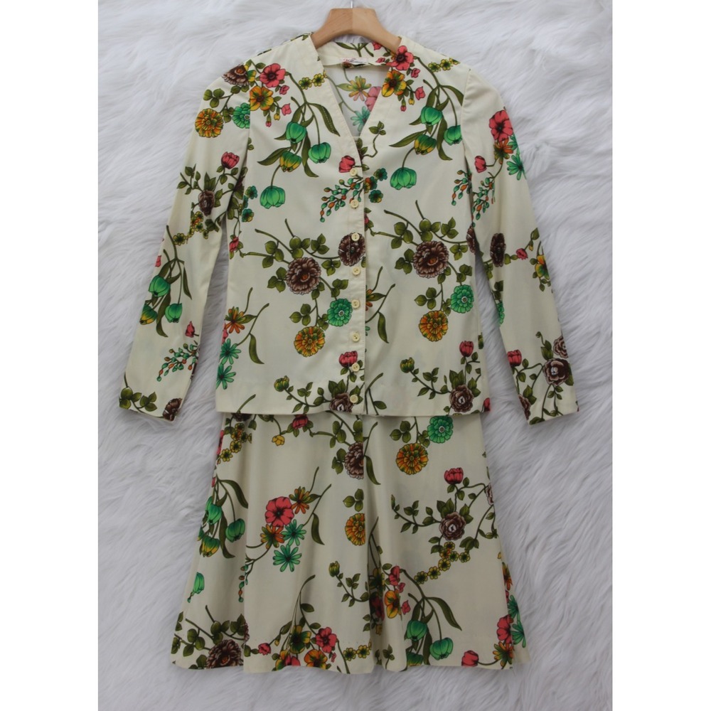 VTG 60'S THE KOLLECTION LTD DRESS SMALL FLORAL JERSEY KNIT W/ JACKET SHORT #101